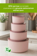 Set de 8 Recipiente Rotunde de Depozitare cu Dungi Roz | 2,5 1,5 0,80 0,45 L | Compatibil cu Cuptorul cu Microunde și Congelatorul