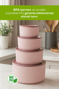 Set de 8 Recipiente Rotunde de Depozitare cu Dungi Roz | 2,5 1,5 0,80 0,45 L | Compatibil cu Cuptorul cu Microunde și Congelatorul