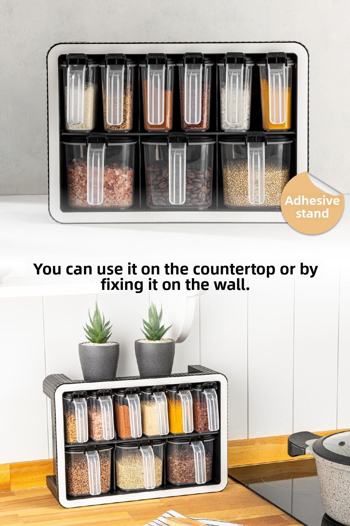 White Screen Printing Label 9-Piece Stand Self-Adhesive Spoon Spice Holder Set Black