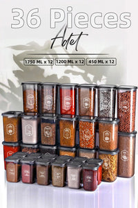 Full+Full Set 36-Piece Labeled Square Food Storage Container Set x12(1750ml-1200ml-450ml ) Microwave Set