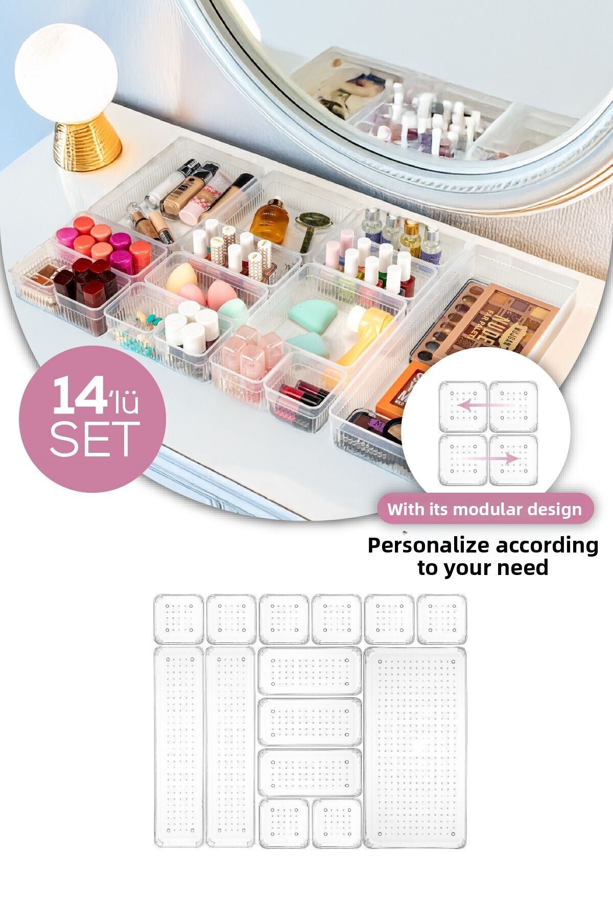 14 Piece Jewelry Makeup Drawer Organizer Cosmetic Accessory Organizer