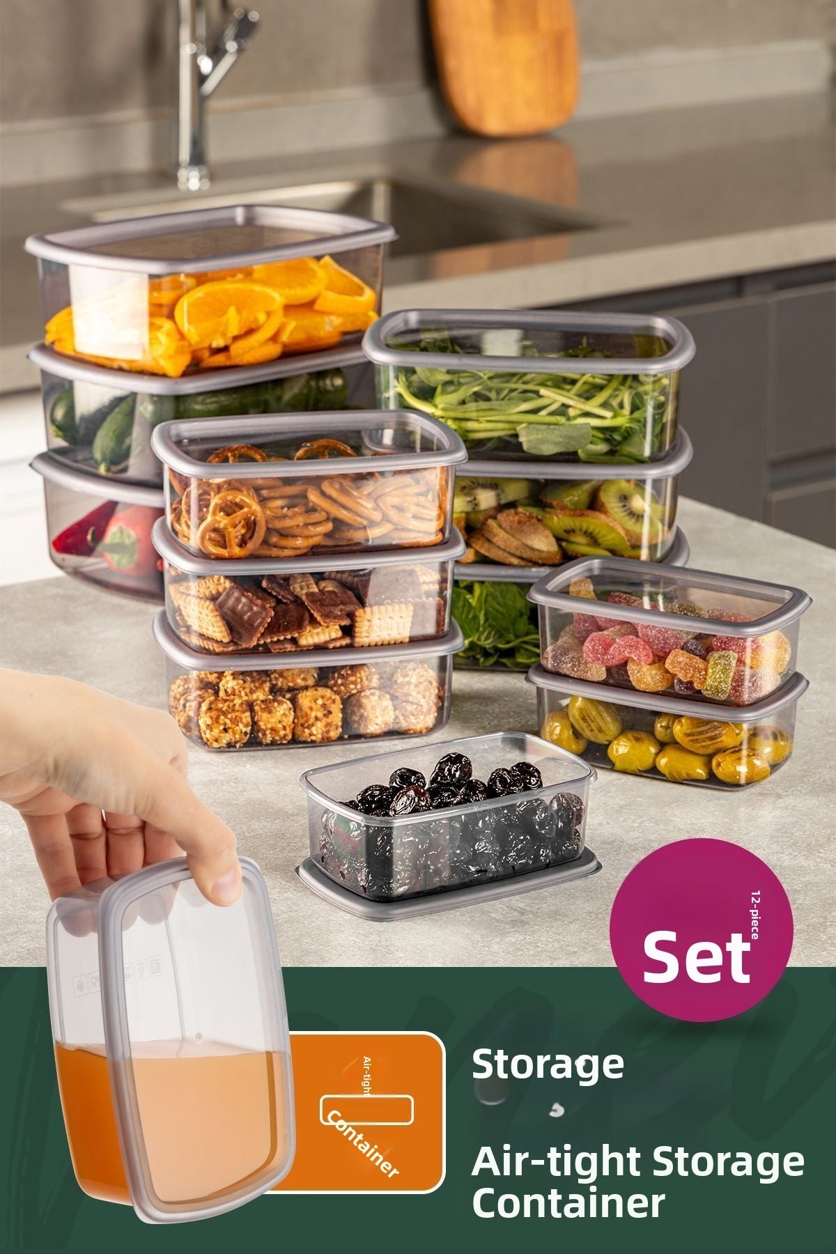Set de 12 recipiente de depozitare etanșe Antracit 3X(250-500-750-1200 ml)
