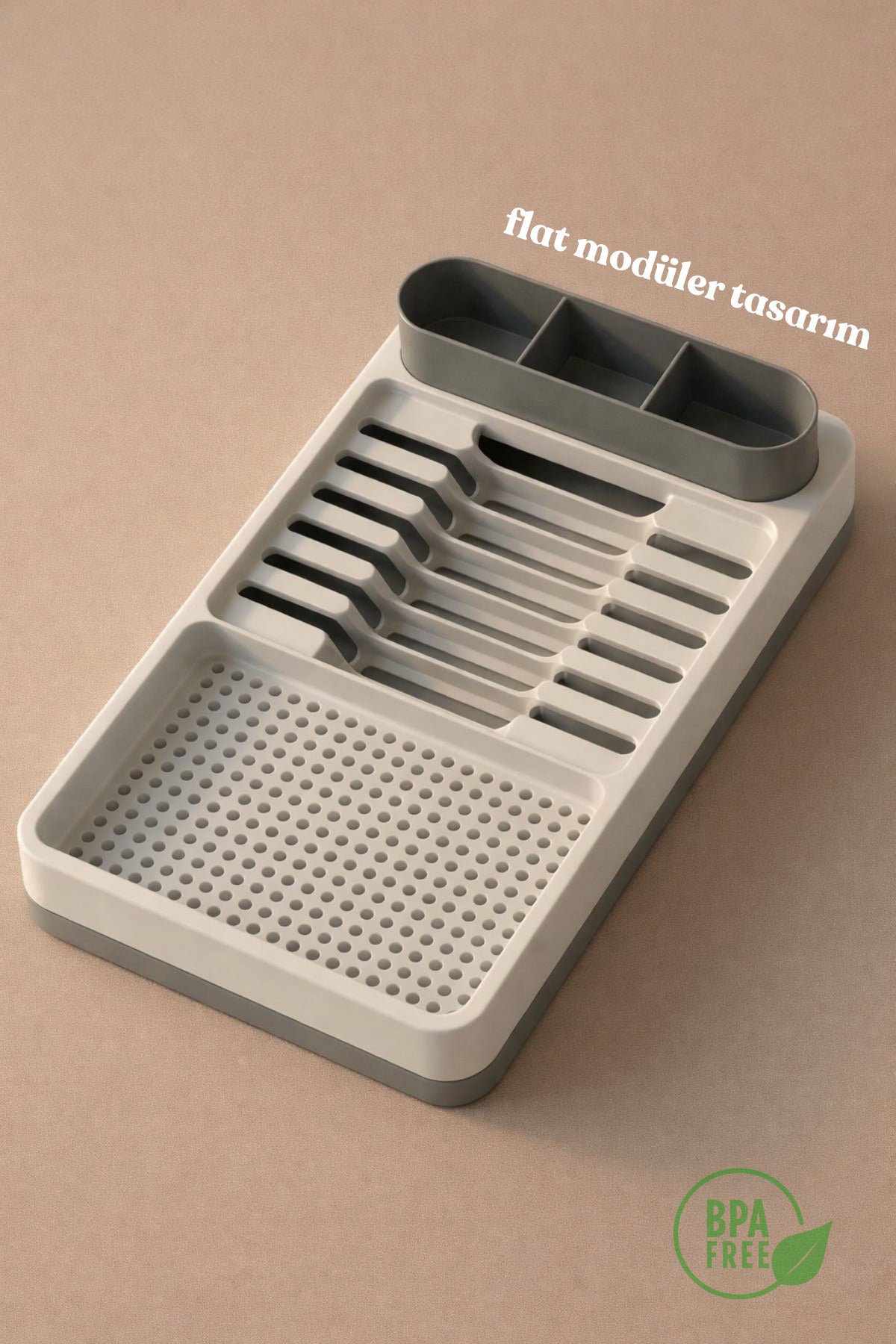 Uscător și Suport de Vase – 42x26 cm cu Multiple Compartimente Organizator Modern de Bucătărie Crem-Gri