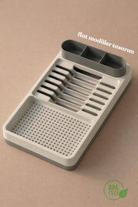 Uscător și Suport de Vase – 42x26 cm cu Multiple Compartimente Organizator Modern de Bucătărie Crem-Gri