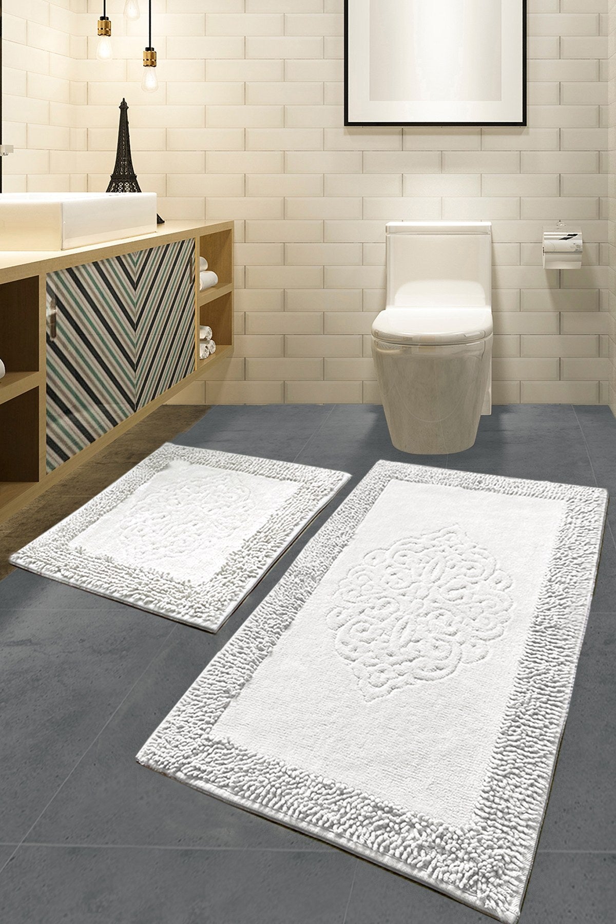 Set Covorașe Baie (2 Piese) Antiderapante Covoraș Baie: 50 X 60 Cm (1 Bucată) Covoraș Baie: 60 X 100 Cm (1 Bucată) Piante - Ecru