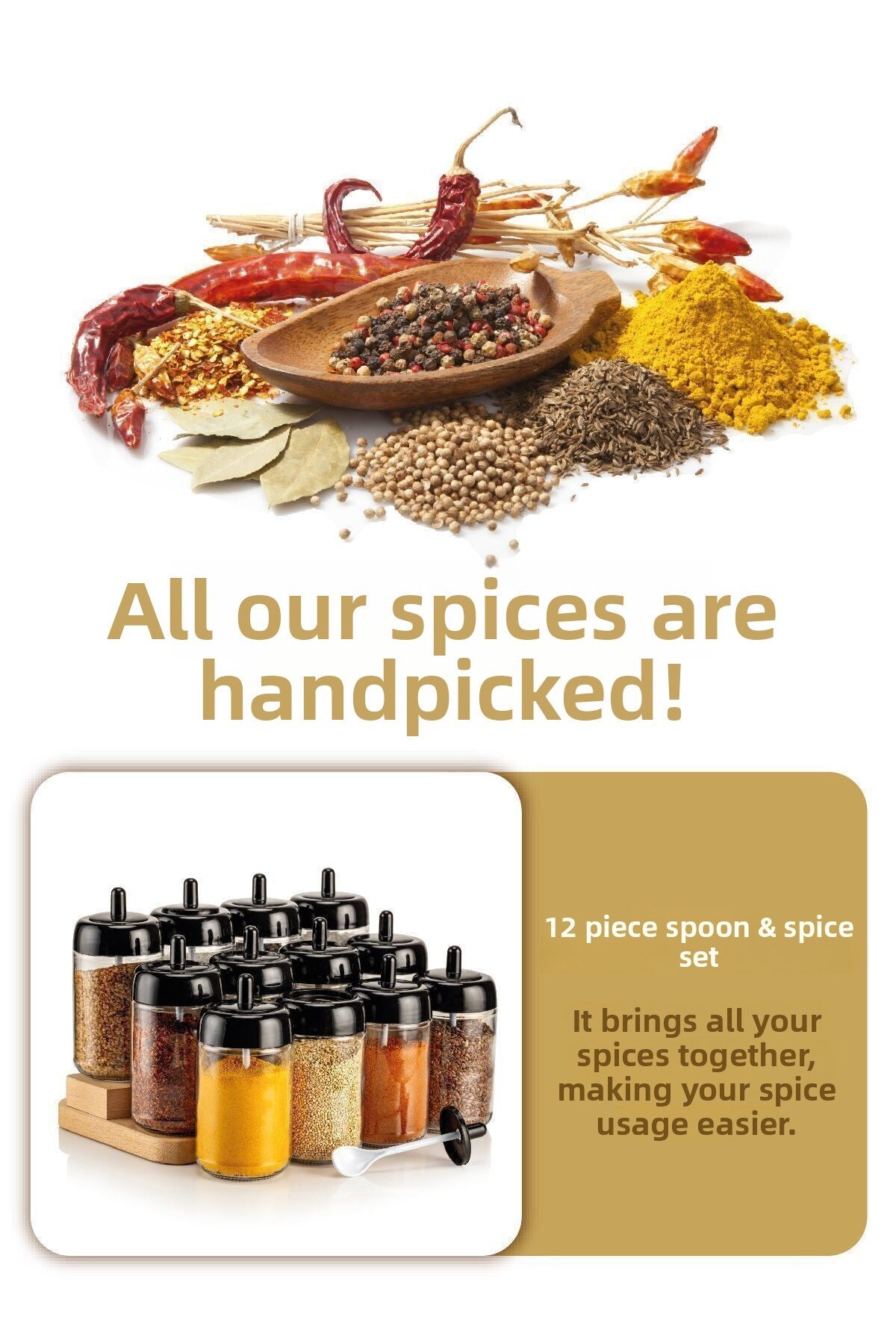 12-Piece Long Spice Set - Glass with Screen Printing Label and Spoon