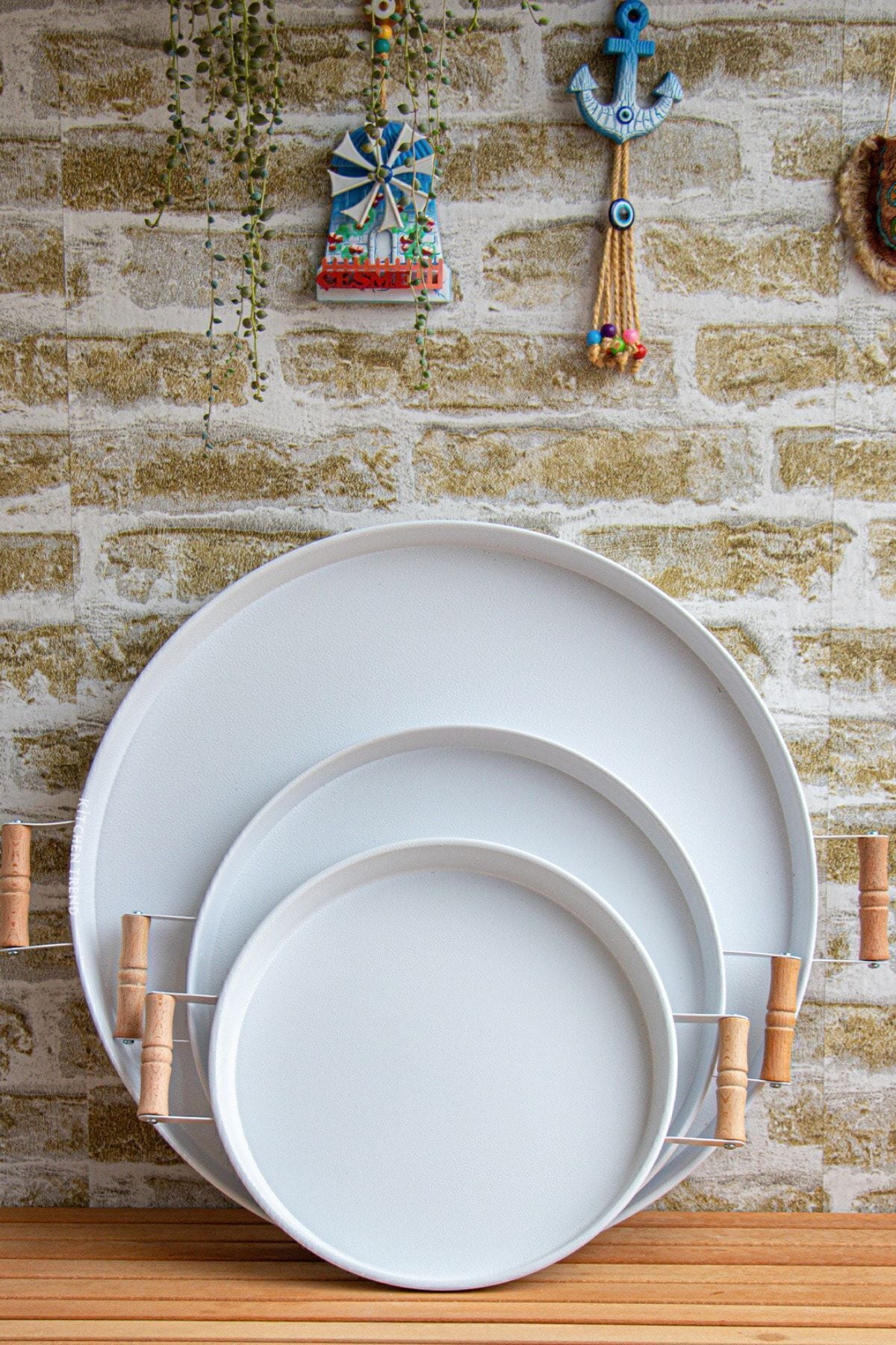 Set of 3 (51, 37, 30 CM) Metal Tray with Wooden Handles, Tea Tray, Coffee Tray, Presentation Tray