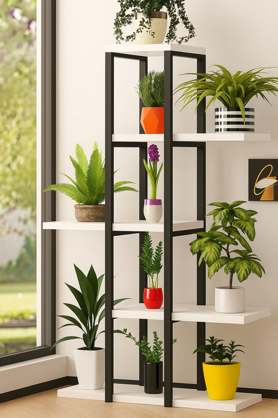 Etajeră/Suport de plante din MDF cu 5 niveluri – 25x25 / 22x45 / 22x65 cm – Negru/Alb