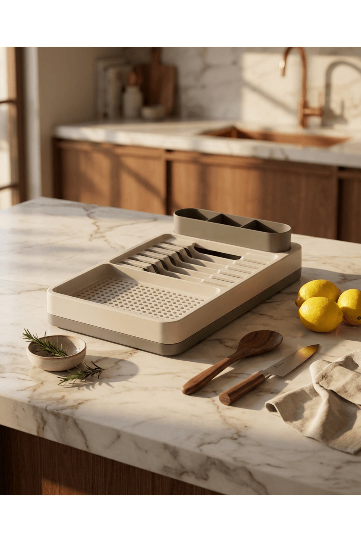Uscător și Suport de Vase – 42x26 cm cu Multiple Compartimente Organizator Modern de Bucătărie Crem-Gri