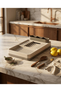 Uscător și Suport de Vase – 42x26 cm cu Multiple Compartimente Organizator Modern de Bucătărie Crem-Gri
