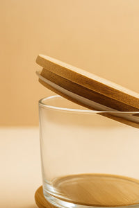 Set Cutii Depozitare (12 Piese) Dimensiune Sticlă: 8 X 8 X 5 Cm / 220 Ml (6 Piese) Capac Bambus: (6 Piese) Transparent