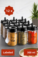 12-Piece Long Spice Set - Glass with Screen Printing Label and Spoon