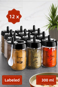 12-Piece Long Spice Set - Glass with Screen Printing Label and Spoon