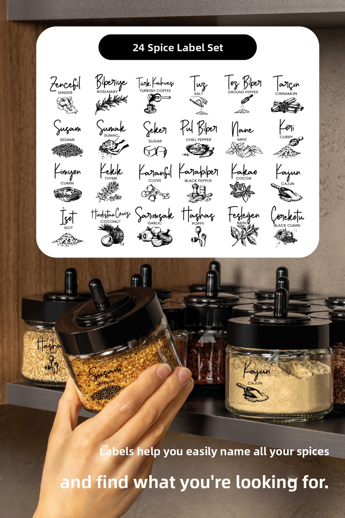 12-Piece Long Spice Set - Glass with Screen Printing Label and Spoon